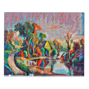 Cottage Cows Pond Landscape Abstract Art Jigsaw Puzzle