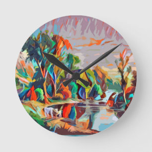 Cottage Cows Pond Landscape Abstract Art  Round Clock