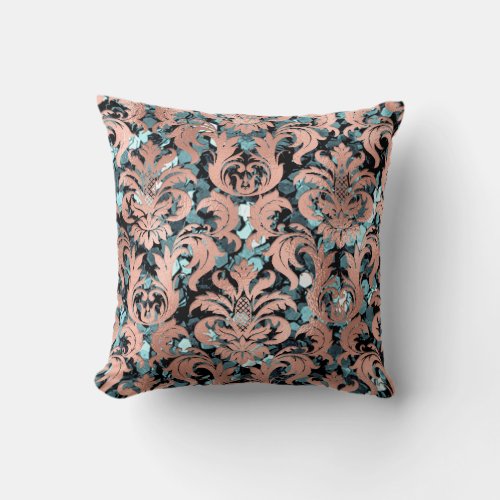 Cottage Damask Teal Blush Copper Sequin Royal Throw Pillow