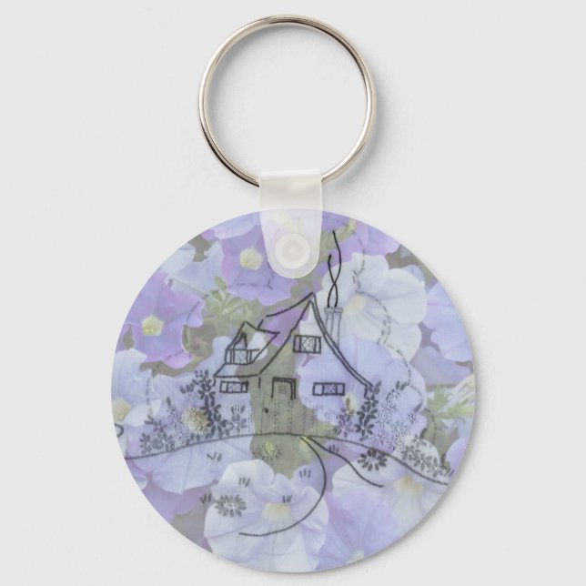 Cottage Embroidery & Petunias Keychain (Front)