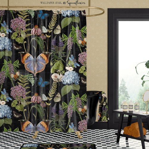 Cottage Floral Black Botanical Butterfly Vintage  Shower Curtain
