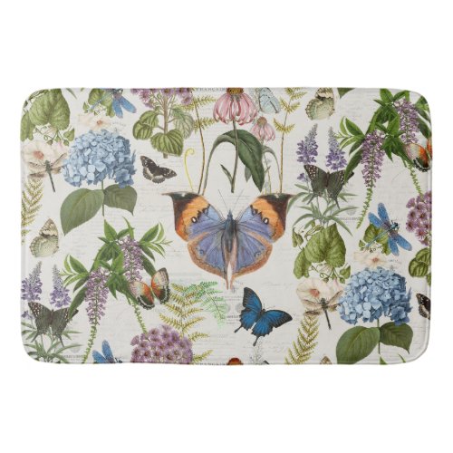 Cottage Floral Botanical Blue Hydrangea Butterfly  Bath Mat