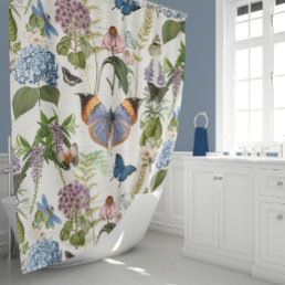 Cottage Floral Botanical Butterfly Blue Hydrangea  Shower Curtain