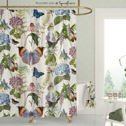 Cottage Floral Ivory Botanical Butterfly Vintage Shower Curtain