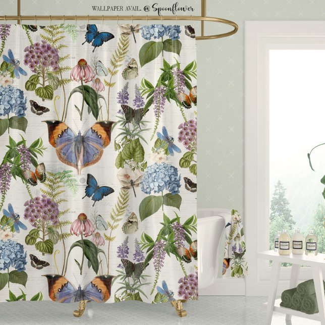 Cottage Floral Ivory Botanical Butterfly Vintage Shower Curtain (Creator Uploaded)