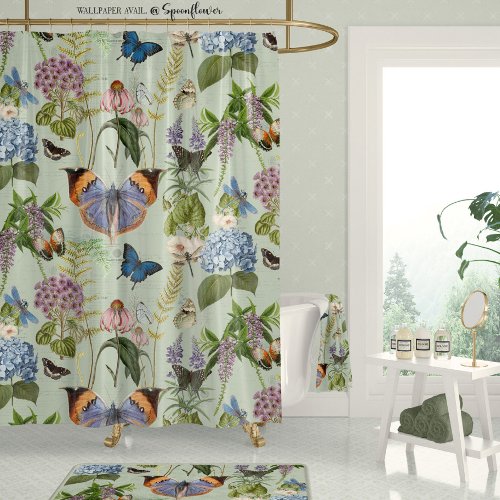 Cottage Floral Sage Botanical Butterfly Vintage Shower Curtain
