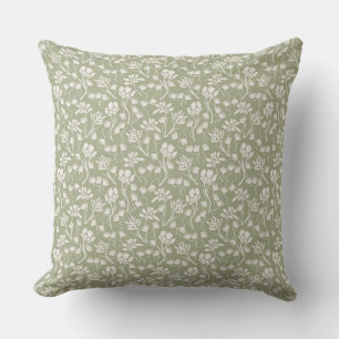 Cottage Flowers Sage Green Throw Pillow