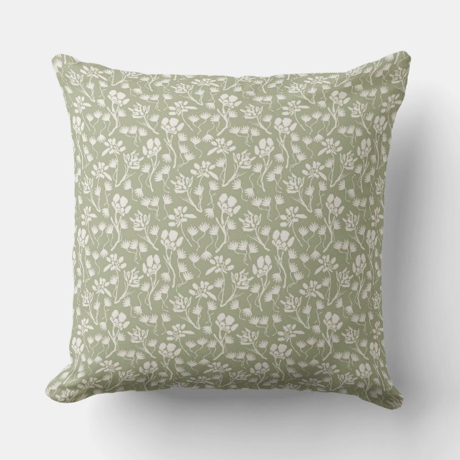 Cottage Flowers Sage Green Throw Pillow (Front)