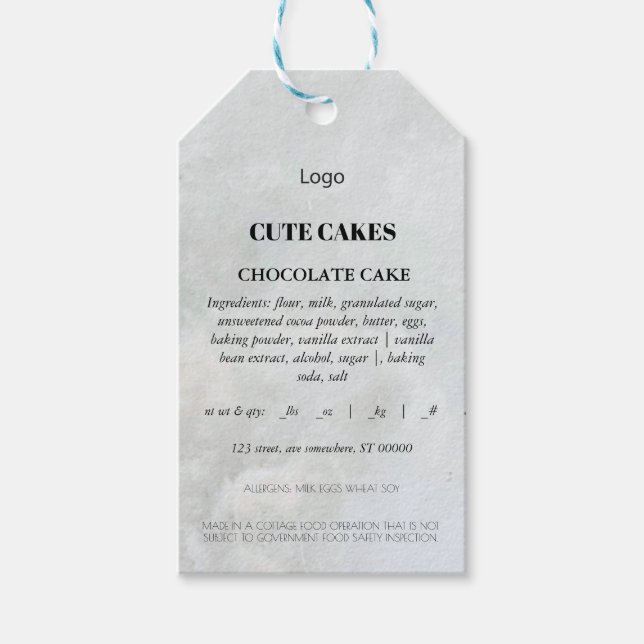 Cottage Food Label Cake Card Tag (Front)