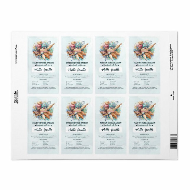 Cottage Food Law Bakery Pastry Ingredient Allergen Label (Full Sheet)