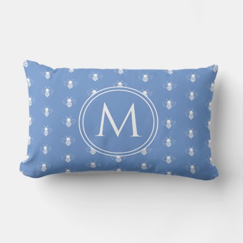 Cottage Garden Blue and White Bumblebees Monogram Lumbar Pillow