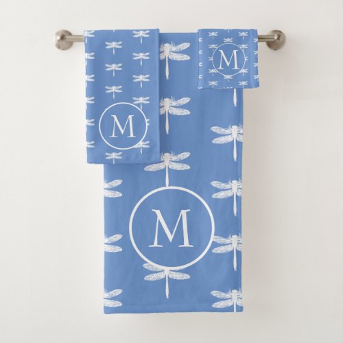 Cottage Garden Blue and White Dragonfly Monogram Bath Towel Set