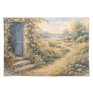 Cottage Garden Blue Door Floral Path Scene Cloth Placemat