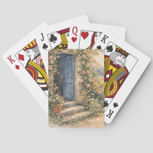 Cottage Garden Blue Door Floral Path Scene Poker Cards