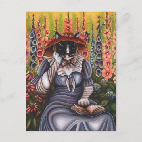 Cottage Garden Cat Reading Book Fantasy Art Card