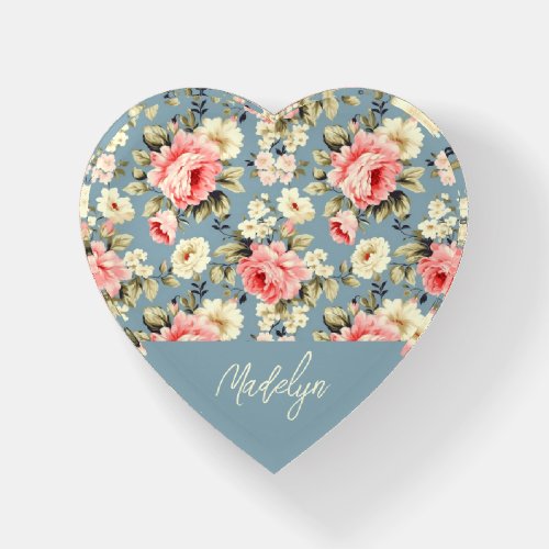 Cottage Garden Flowers Pattern Personalized Heart Paperweight