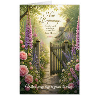 Cottage Garden Gate with Blooming Spring Flowers Card