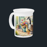 Cottage Garden Geese Spring Illustration Beverage Pitcher<br><div class="desc">A tender cottagecore scene unfolds on a sunlit porch where graceful geese wander among blooming tulips, overflowing window boxes, and painted flowerpots. Soft pastels mingle with gentle greens and warm creams, creating a peaceful, storybook atmosphere rooted in folk charm and shabby chic warmth. The composition feels welcoming and nostalgic, blending...</div>