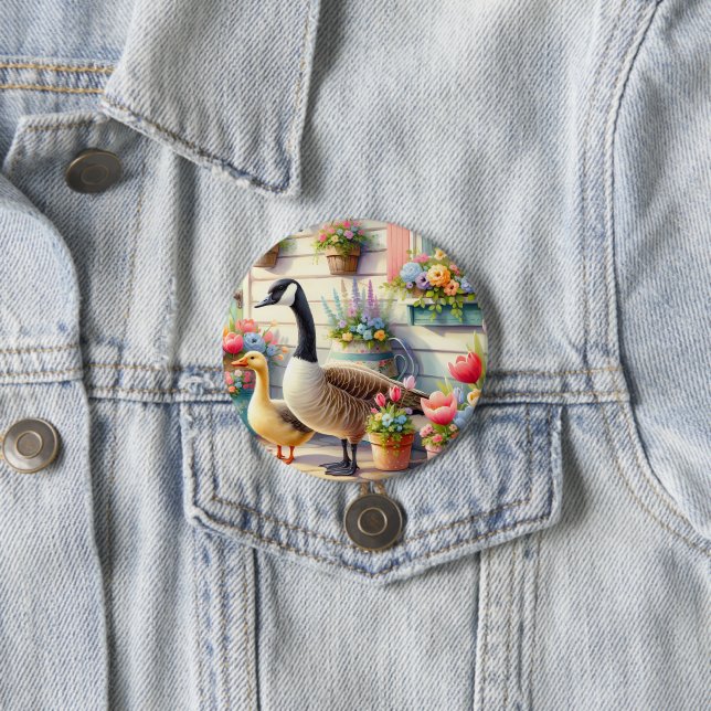 Cottage Garden Geese Spring Illustration Button (In Situ)