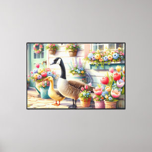 Cottage Garden Geese Spring Illustration Canvas Print