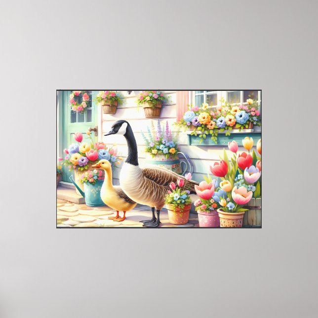 Cottage Garden Geese Spring Illustration Canvas Print (Front)
