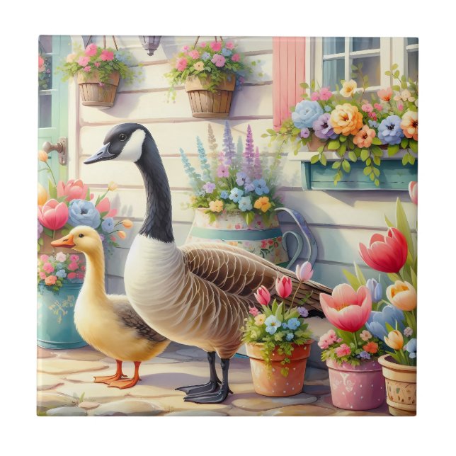 Cottage Garden Geese Spring Illustration Ceramic Tile (Front)