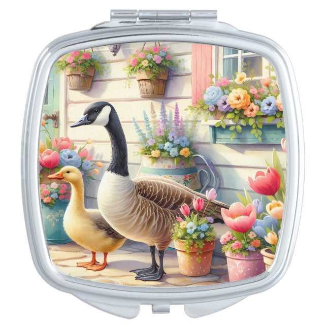 Cottage Garden Geese Spring Illustration Compact Mirror (Front)