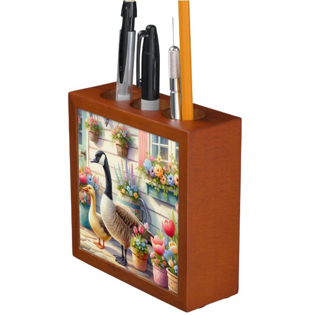 Cottage Garden Geese Spring Illustration Desk Organizer (In Situ)