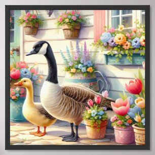 Cottage Garden Geese Spring Illustration Framed Art