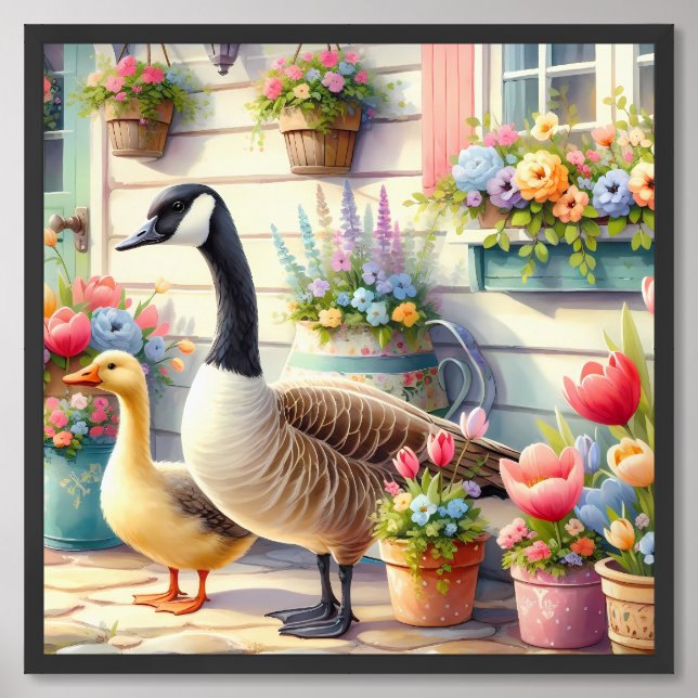 Cottage Garden Geese Spring Illustration Framed Art (Framed Front)