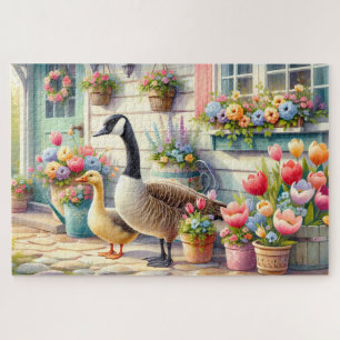 Cottage Garden Geese Spring Illustration Jigsaw Puzzle