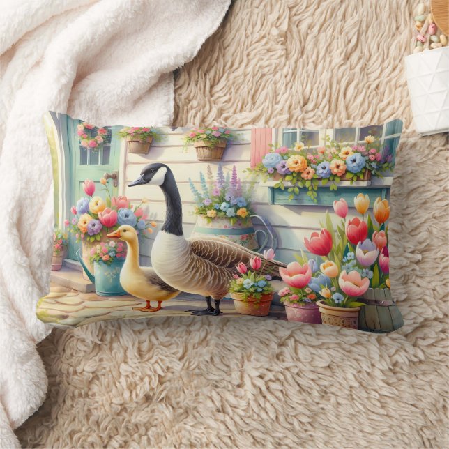 Cottage Garden Geese Spring Illustration Lumbar Pillow (Blanket)