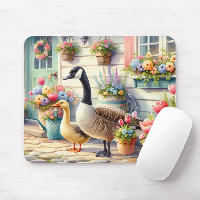Cottage Garden Geese Spring Illustration Mouse Pad (With Mouse)