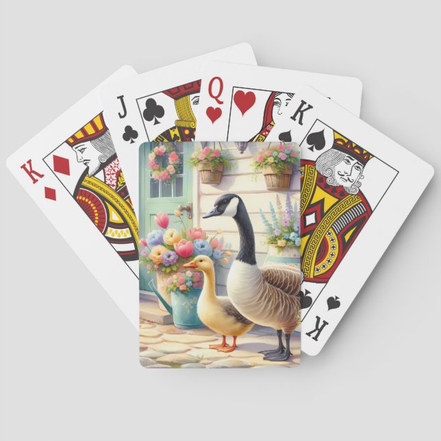 Cottage Garden Geese Spring Illustration Poker Cards (Back)