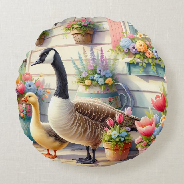 Cottage Garden Geese Spring Illustration Round Pillow (Front)