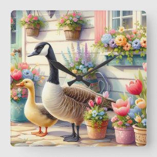 Cottage Garden Geese Spring Illustration Square Wall Clock