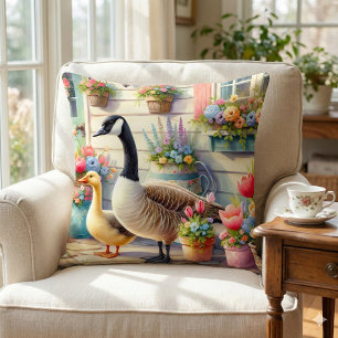 Cottage Garden Geese Spring Illustration Throw Pillow