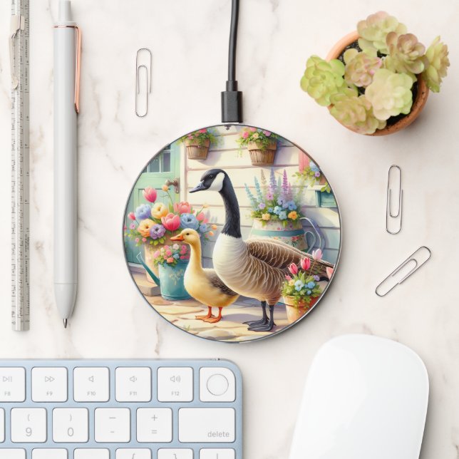 Cottage Garden Geese Spring Illustration Wireless Charger (Desk)