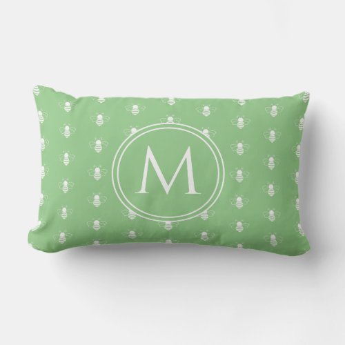 Cottage Garden Green and White Bumblebees Monogram Lumbar Pillow