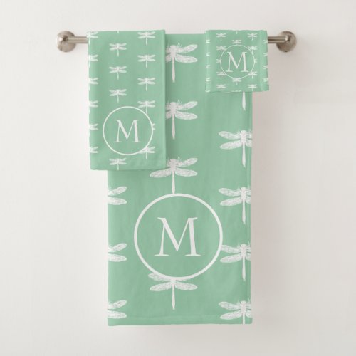 Cottage Garden Green and White Dragonfly Monogram Bath Towel Set