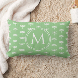Cottage Garden Green and White Dragonfly Monogram Lumbar Pillow