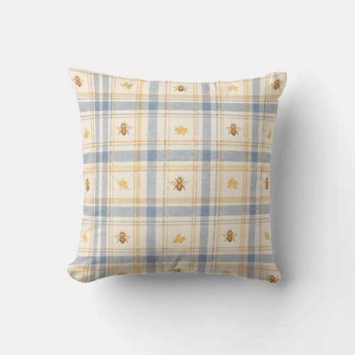 Cottage Garden Honeybee Bluebell Plaid Throw Pillow