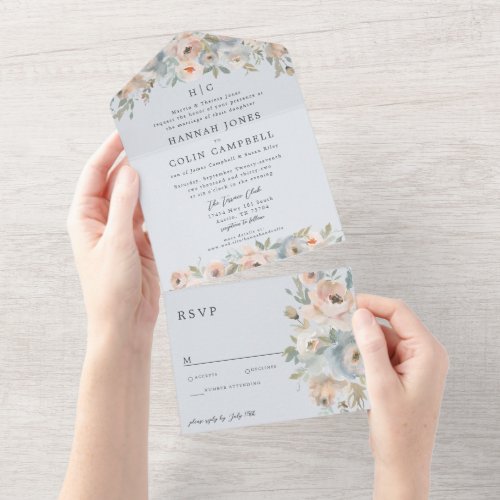 Cottage Garden Pastel Blue Peach Coral All In One  All In One Invitation