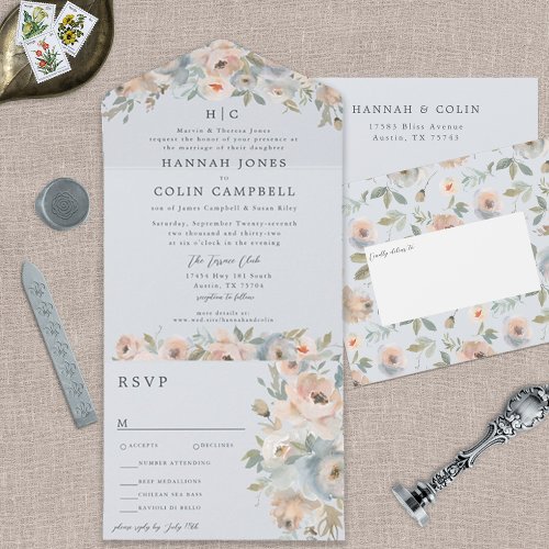 Cottage Garden Pastel Blue Peach Coral All In One Invitation