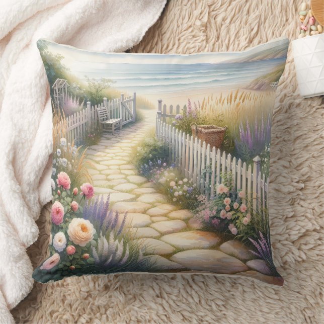 Cottage Garden Path to the Sea Throw Pillow (Blanket)