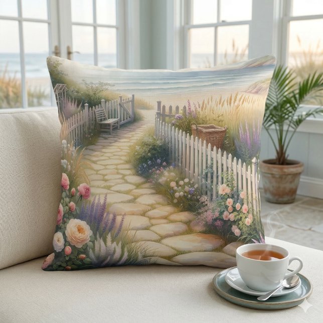 Cottage Garden Path to the Sea Throw Pillow (Cottage Garden Path to the Sea Throw Pillow In Family Room)