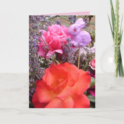 Cottage Garden Red Pink Rose Bunny floral Card