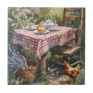 Cottage Garden Tea Morning Watercolor Ceramic Tile