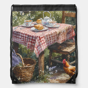 Cottage Garden Tea Morning Watercolor Drawstring Bag