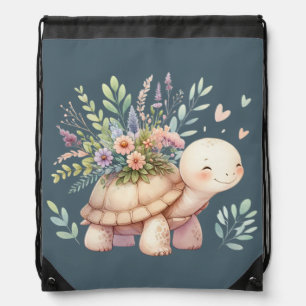Cottage Garden Turtle Watercolor Drawstring Bag